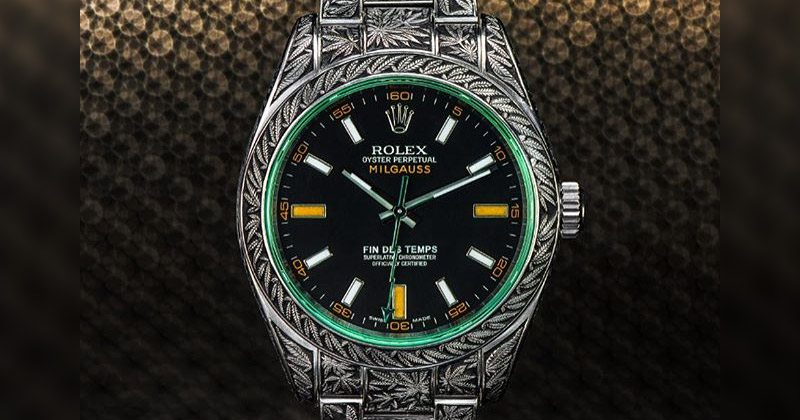 Rolex gravée avec des feuilles de cannabis