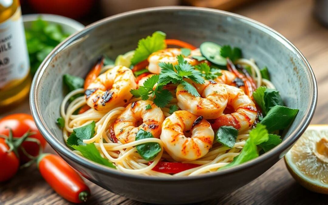 Salade de nouilles aux crevettes grillées au CBD : recette facile