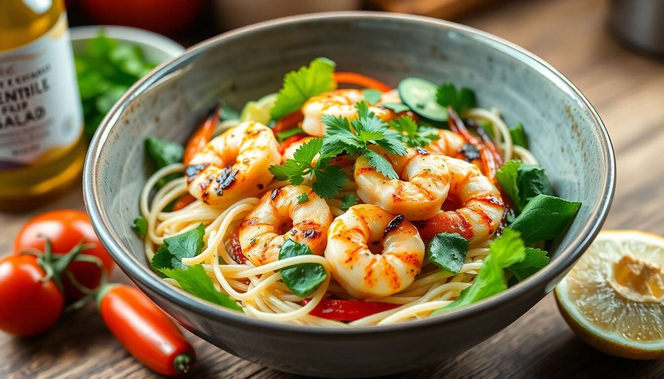 Salade de nouilles aux crevettes grillées au CBD : recette facile